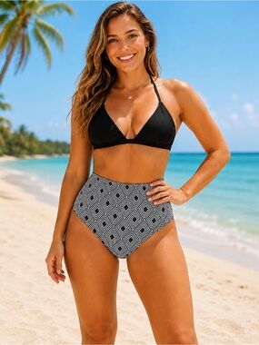 CUPSHE Womens Black White Geometric High Waisted Bikini Bottom Size L Swimwear